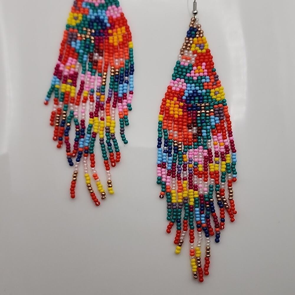 Artisan Mosaic Floral Beaded Multicolor Boho Fringe Earrings - Picture 3 of 3